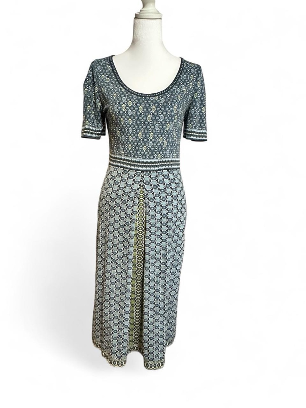 Max Studio Blue-Green Patterned Scoop-Neck Midi Dress